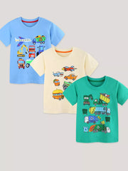 Toddler short sleeve cotton t-shirts in blue, cream, and green with vehicle prints.
