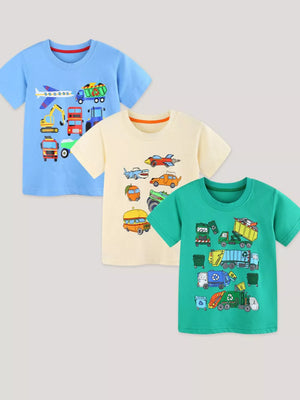 Toddler short sleeve cotton t-shirts in blue, cream, and green with vehicle prints.