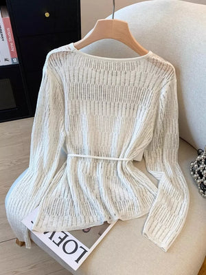 Light Blue with Long Sleeve Knit Top With Tie Detail