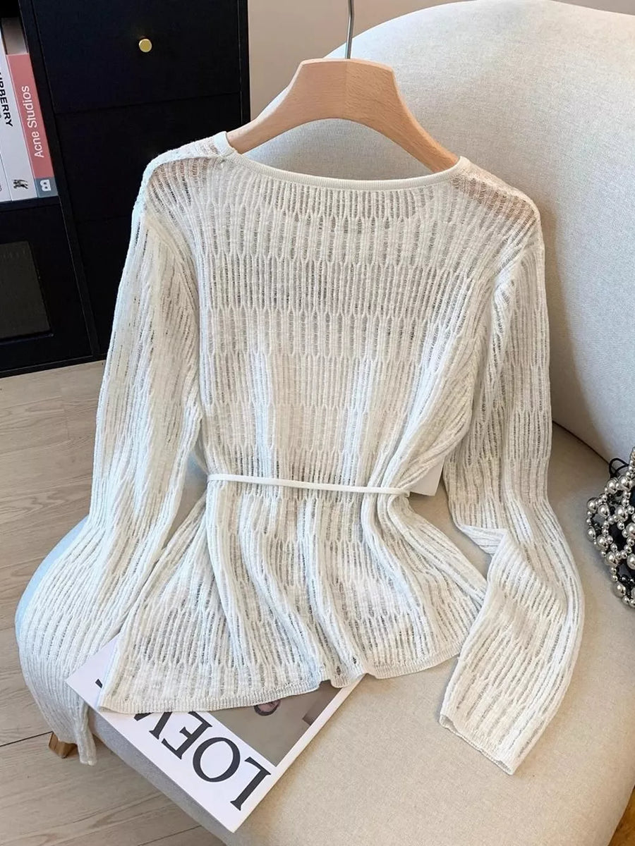 Light Blue with Long Sleeve Knit Top With Tie Detail