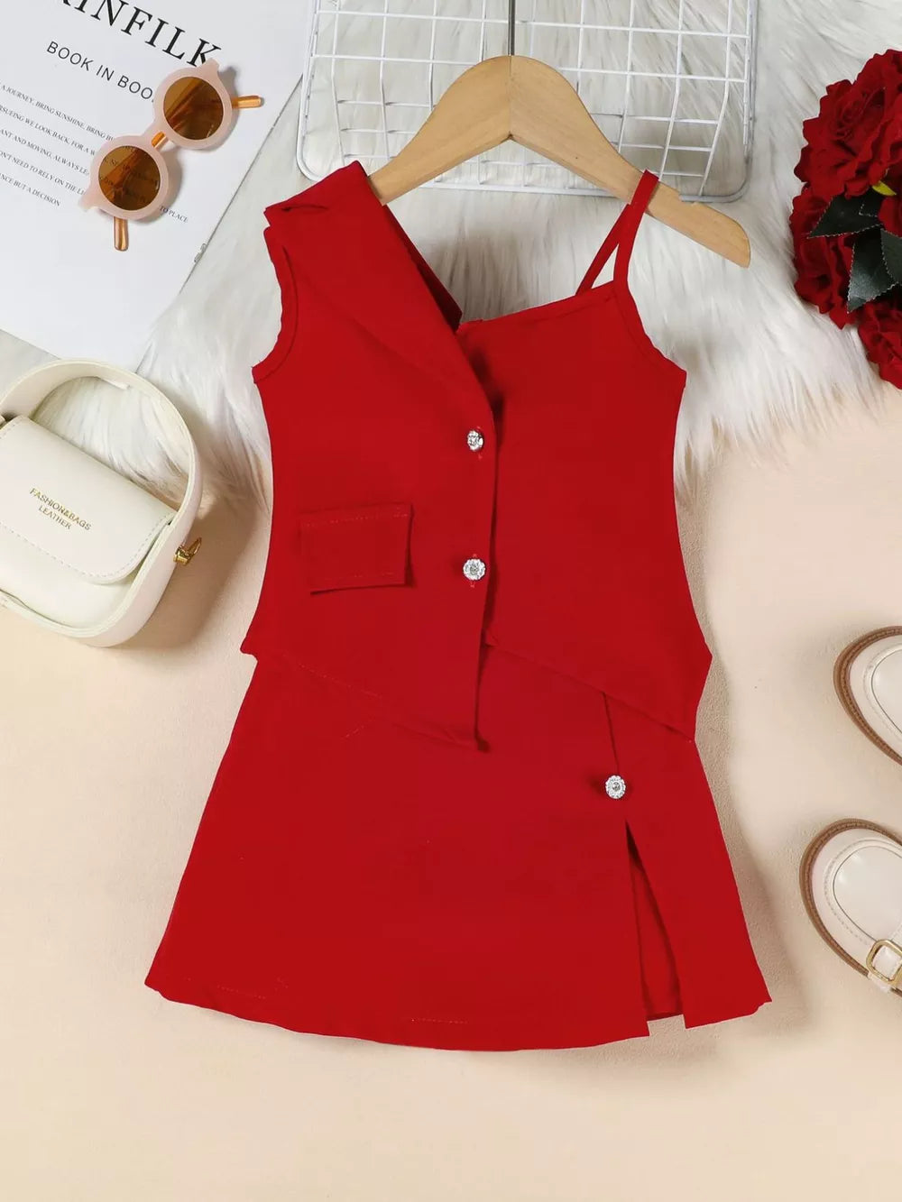Red asymmetrical vest and skirtini set with button details and a slit.