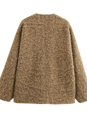 Textured knit tie-front coat in dark brown with a cozy fit and open neckline.