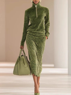 olive green two-piece set with leopard-print and mock neck