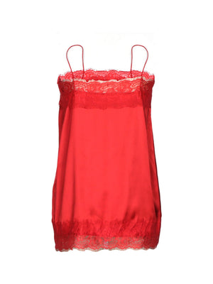 Red satin cami top with lace trim neckline and hem.