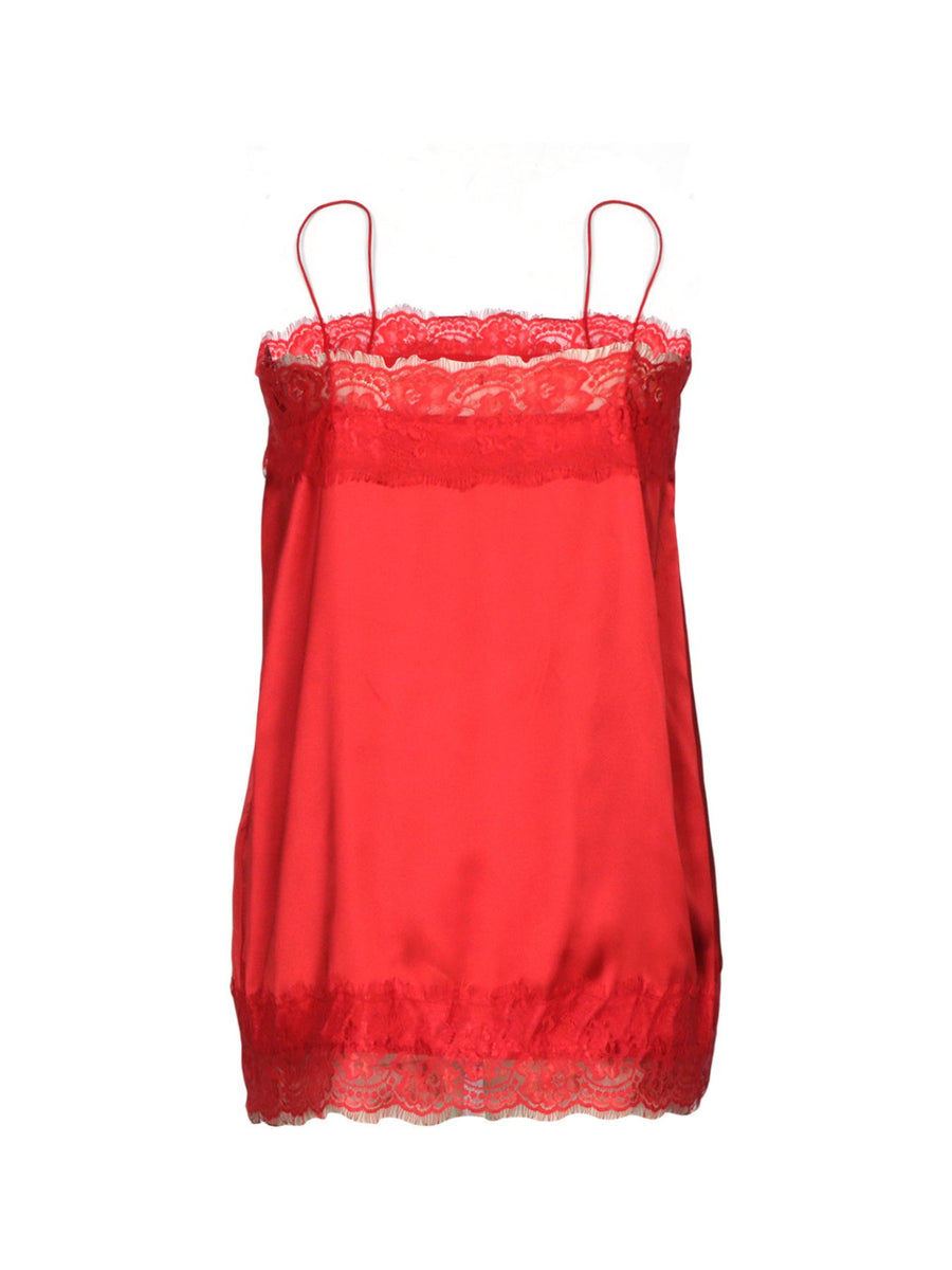 Red satin cami top with lace trim neckline and hem.