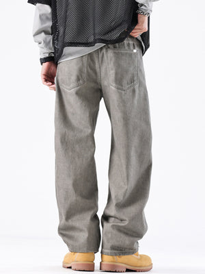 Men's vintage wash wide-leg jeans in grey cotton with a relaxed fit.