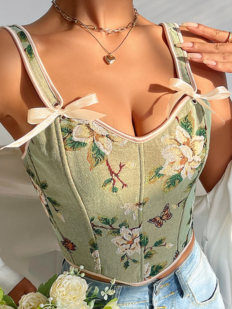 sage green crop top with floral and sweetheart