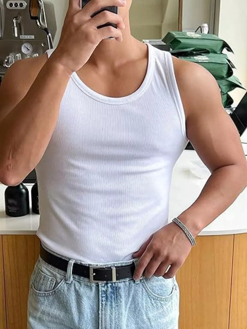 White ribbed men's tank top with a crew neck.