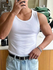 White ribbed men's tank top with a crew neck.