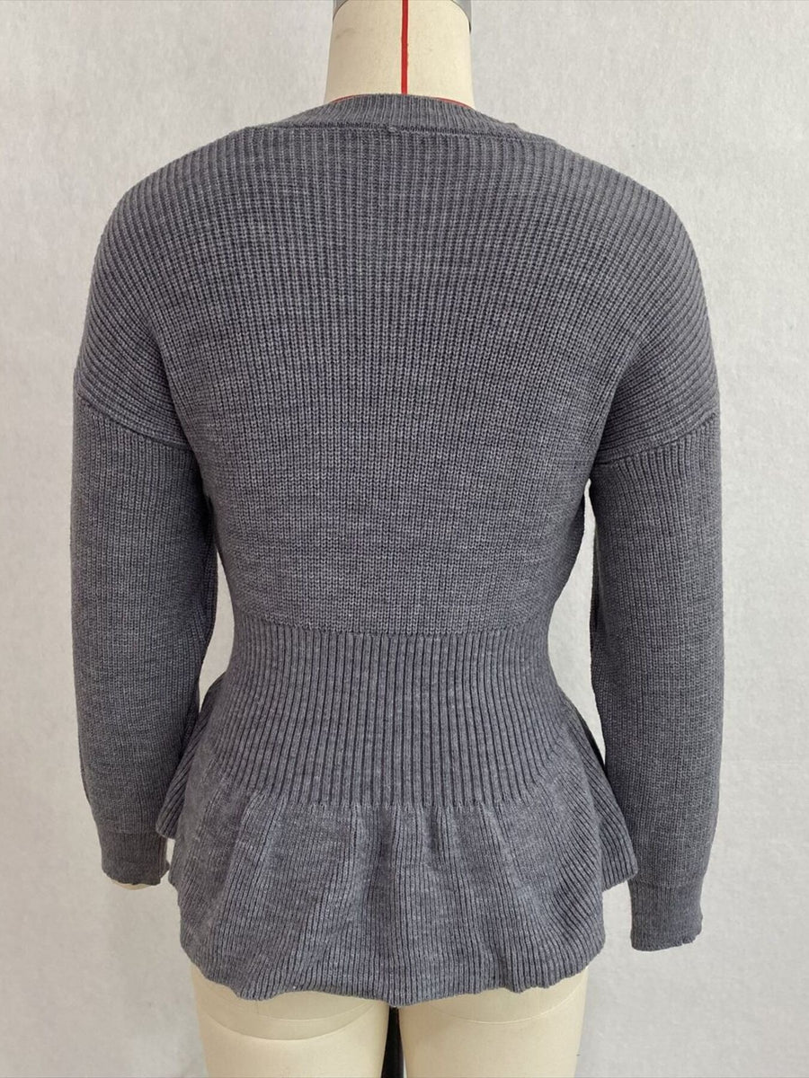 V-Neck Peplum Hem Ribbed Knit Top in Brown with peplum