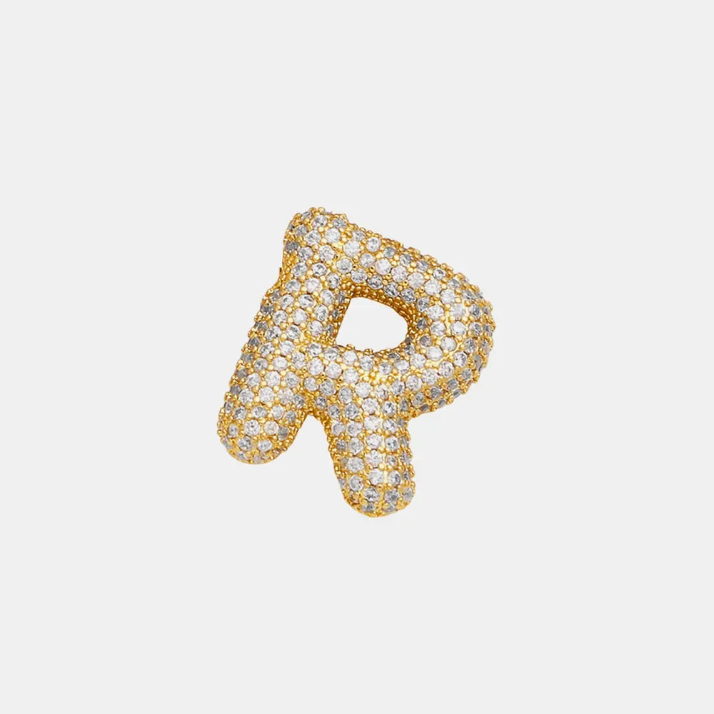 Puffed gold initial R necklace with pave zirconia stones