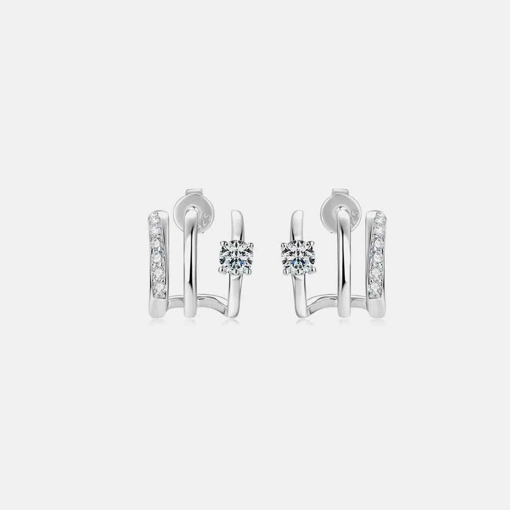 Silver triple-bar stud earrings with clear crystals