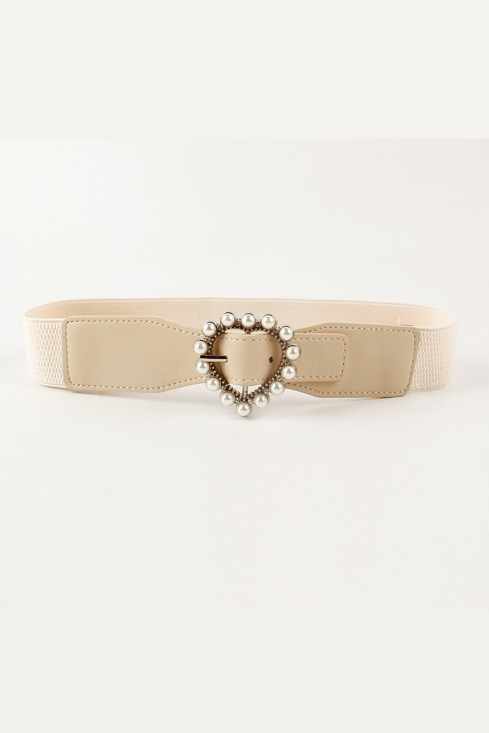 Caramel stretch belt with pearl-embellished heart buckle