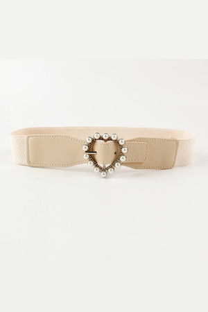 Caramel stretch belt with pearl-embellished heart buckle