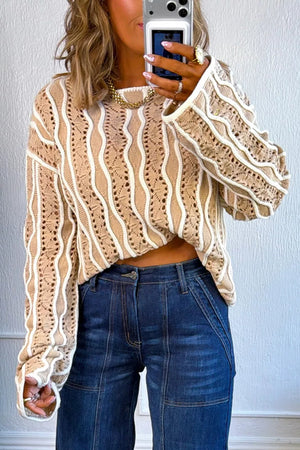 Contrast Wavy Striped Openwork Knit Top in Beige