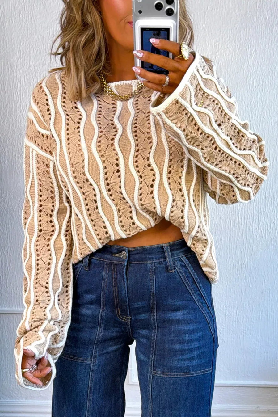 Contrast Wavy Striped Openwork Knit Top in Beige