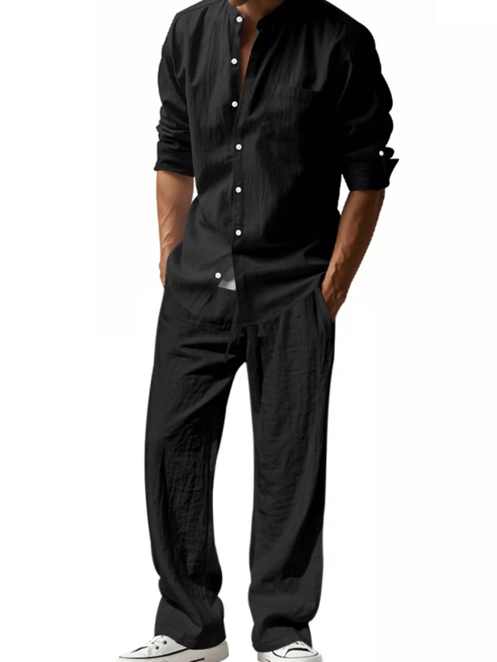 Black linen blend casual two-piece set for men, featuring a band collar shirt and relaxed fit pants.