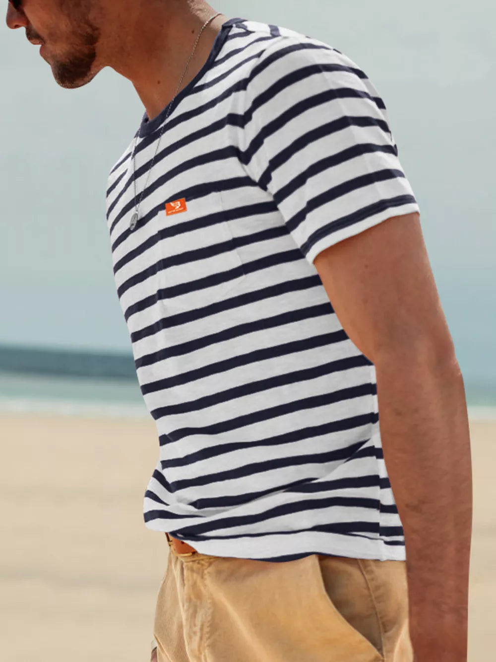 Navy Blue with Men's Full Size Striped Pocket Short Sleeve T-shirt