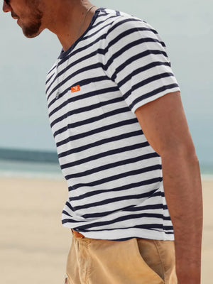 Navy Blue with Men's Full Size Striped Pocket Short Sleeve T-shirt
