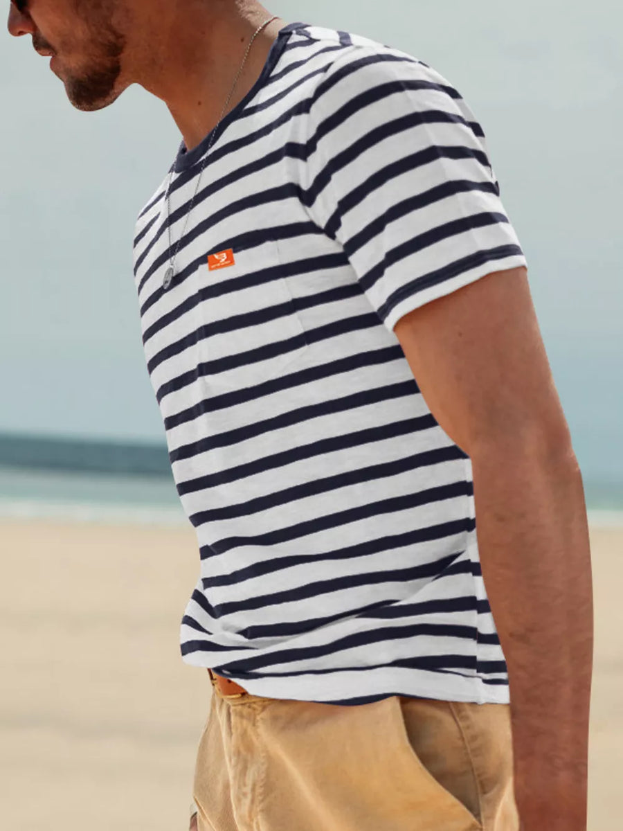 Navy Blue with Men's Full Size Striped Pocket Short Sleeve T-shirt