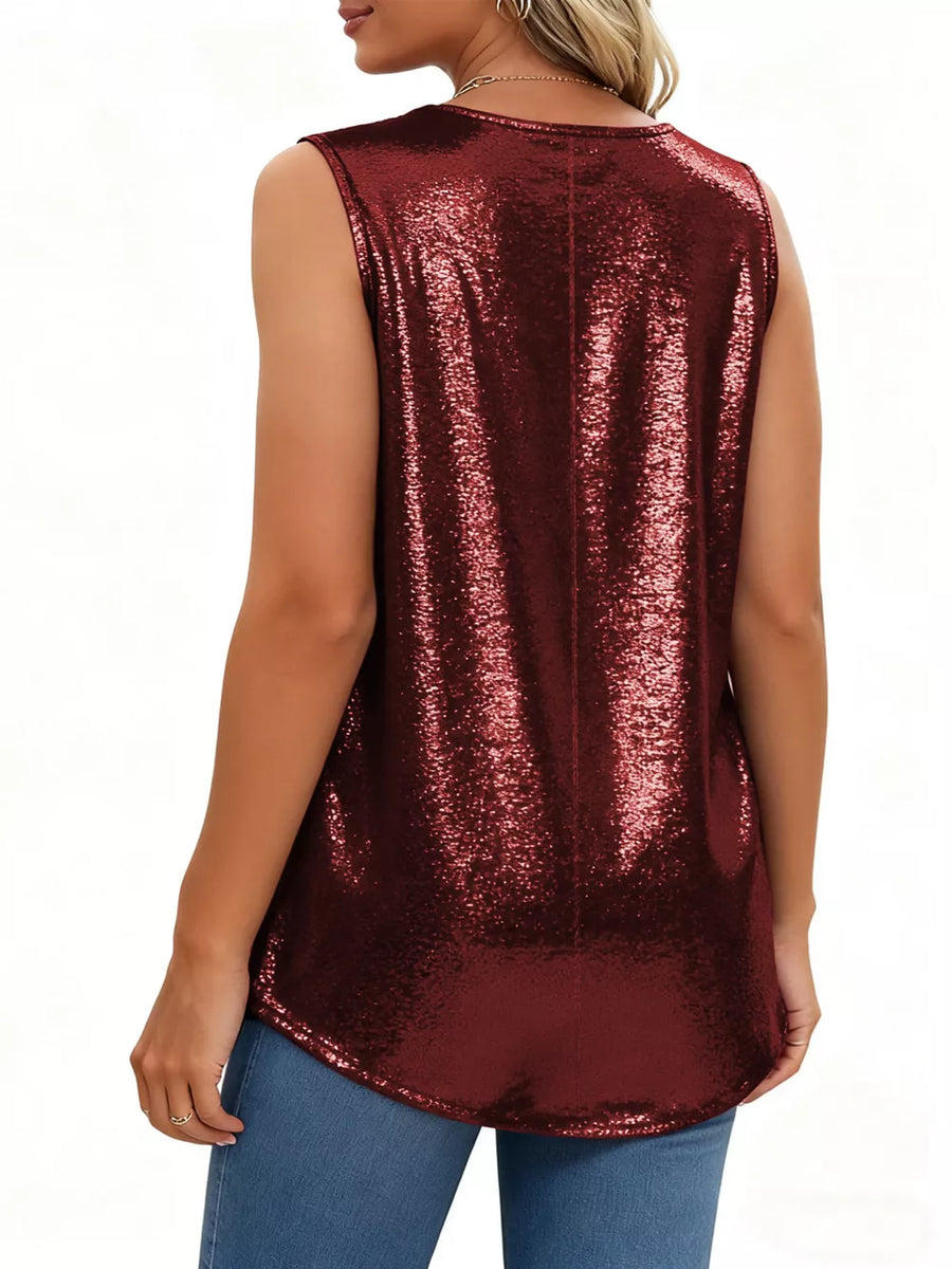 Chic Square Neck Pleated Tank Top in Wine Red polyester with all-over sequins.