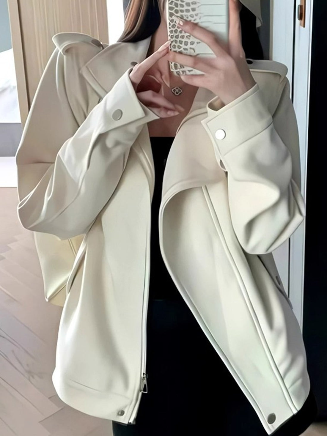 moto jacket in cream featuring asymmetrical and relaxed fit