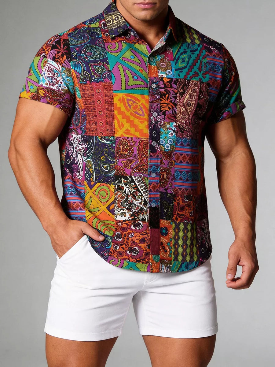 Button-down Graphic Short-sleeve Top in Camel