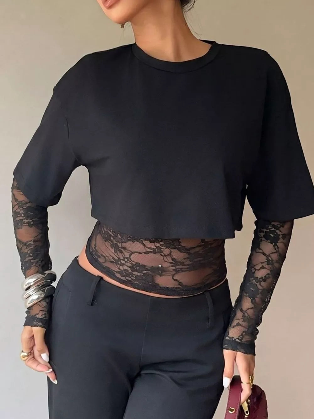 Brown Lace Patchwork Short Sleeve T-shirt