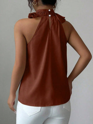 Brown ruffled high neck sleeveless top with button closure at back neck
