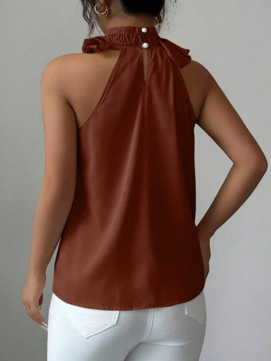 Brown ruffled high neck sleeveless top with button closure at back neck