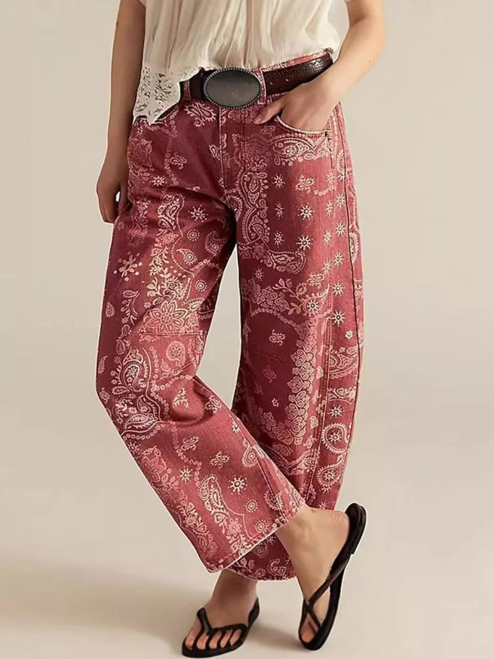 burgundy wide-leg jeans with paisley and N/A