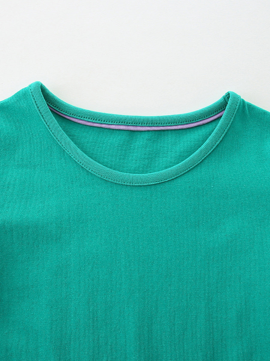 Green cotton toddler dress with embroidered dog design and striped neckline detail.