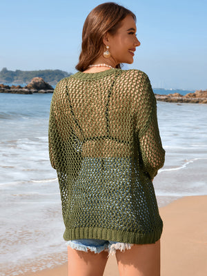 Open-knit pullover sweater in Matcha Green with a relaxed fit, perfect for beach days.