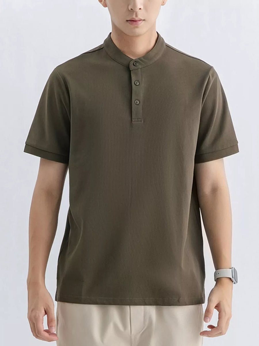 Men's short sleeve t-shirt in Army Green with band collar and button placket.