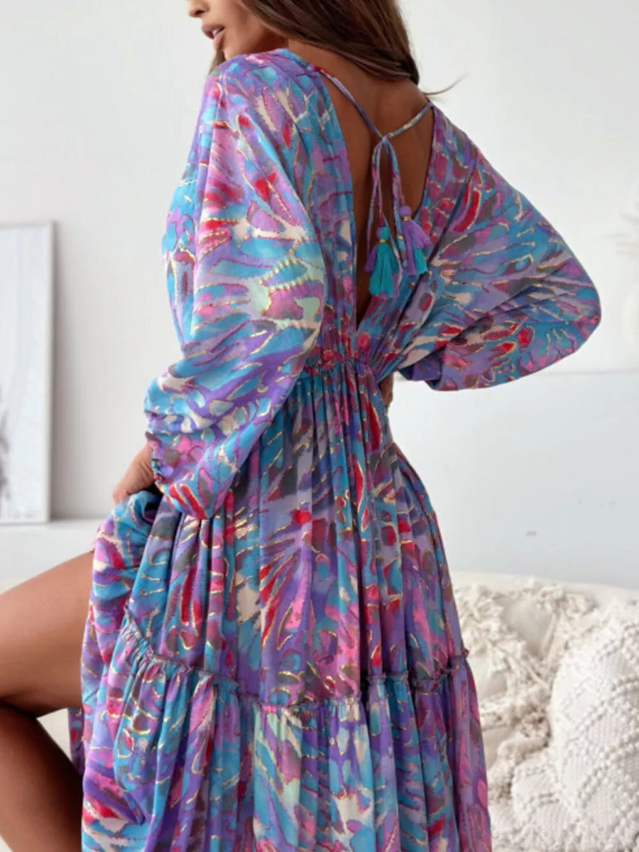 Blue with Printed V-neck Balloon Sleeve Maxi Dress