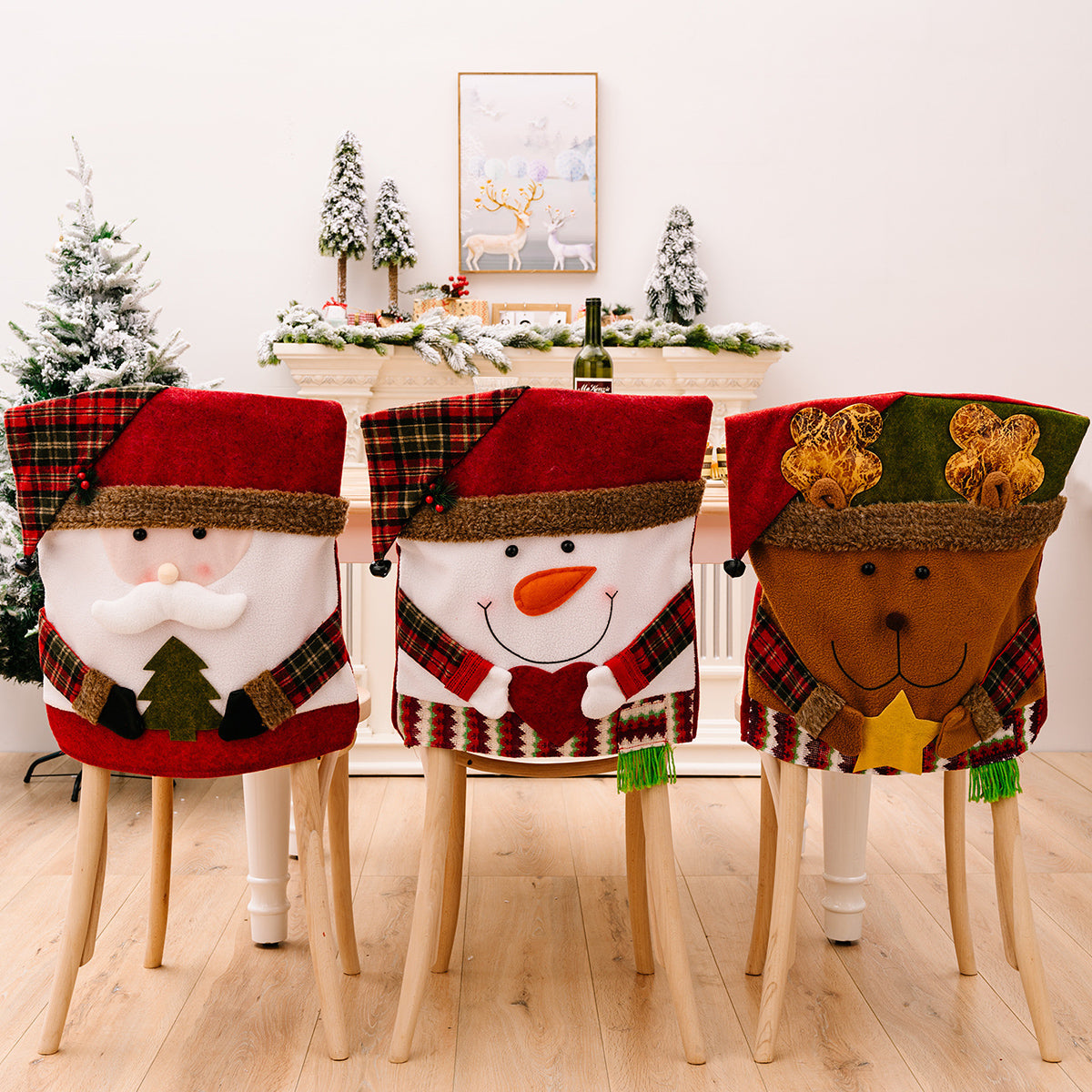 Christmas chair covers with Santa, snowman, and reindeer designs.