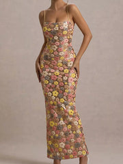 Floral sequin maxi dress with spaghetti straps and a bodycon fit.