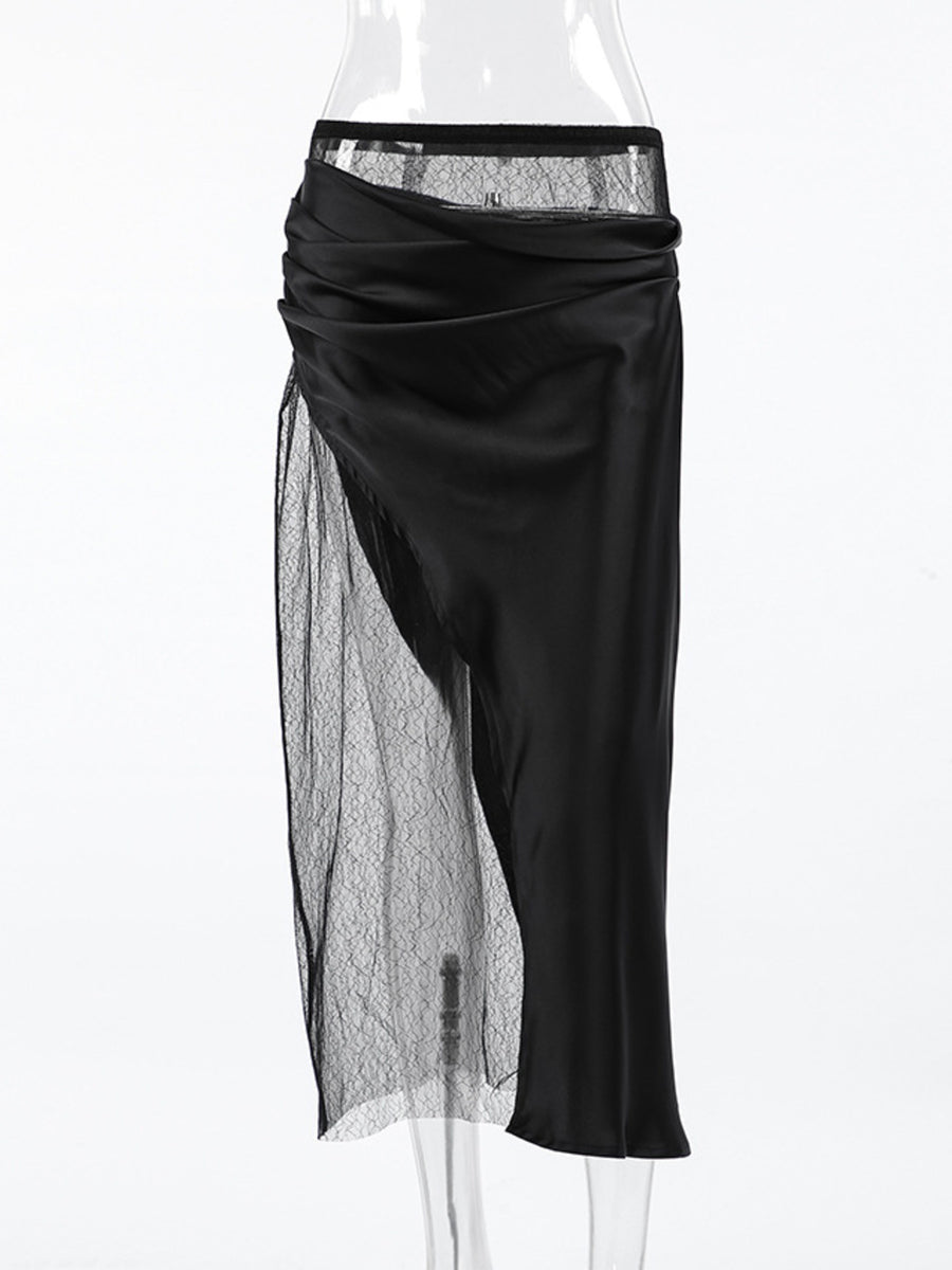 Black midi skirt with asymmetrical sheer lace panel and ruched satin overlay.