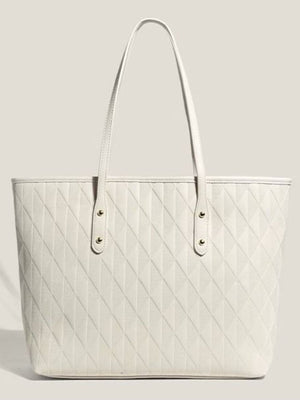 White quilted pu leather tote bag with diamond pattern and gold stud details.