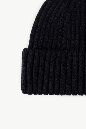 Black chunky ribbed knit beanie with a cuffed hem