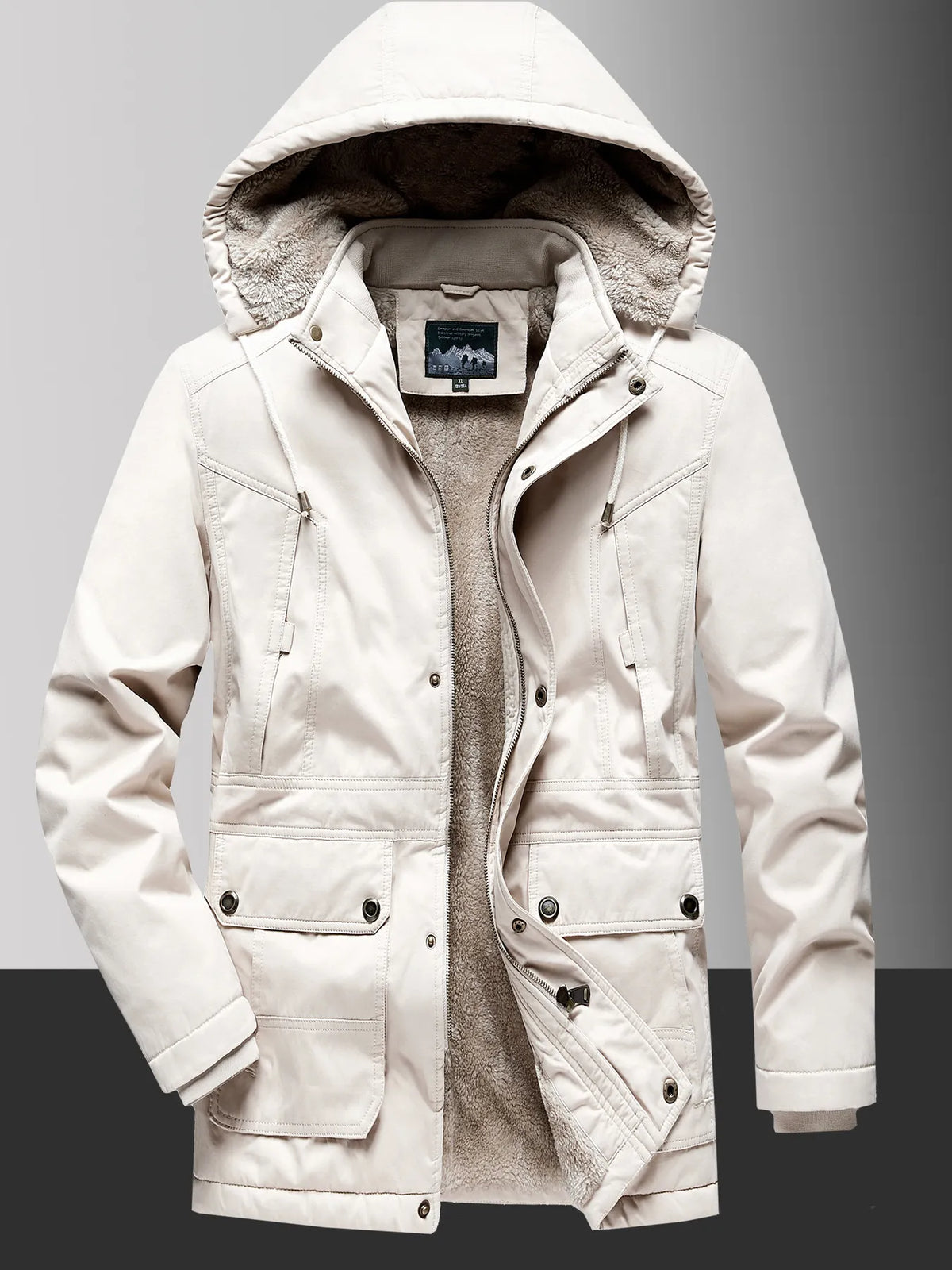 Men's ivory fleece-lined hooded coat with multiple pockets and zipper closure.