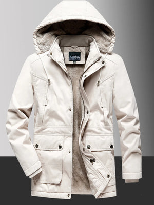 Men's ivory fleece-lined hooded coat with multiple pockets and zipper closure.