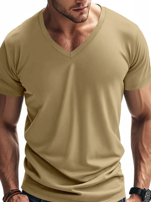 Khaki V-neck t-shirt with short sleeves and a modern muscle fit.