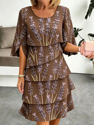 Brown floral tiered ruffle hem dress with split sleeves and above-knee length.