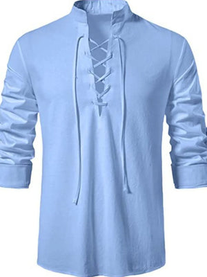 Light blue linen henley shirt with lace-up collar and long sleeves
