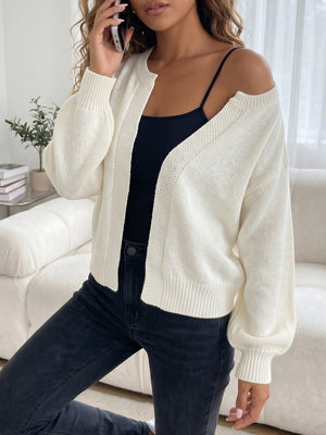 Casual Open-Front Knit Cardigan in White with ribbed trim