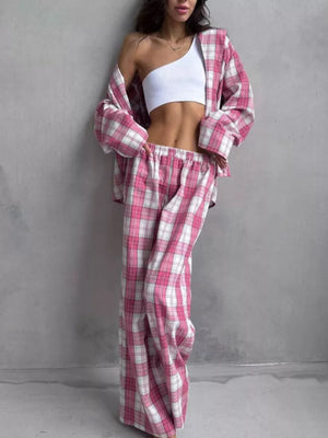 pink pajama set with plaid and collared
