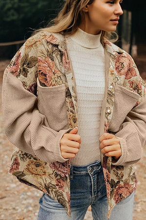 olive green shacket featuring buttoned and floral