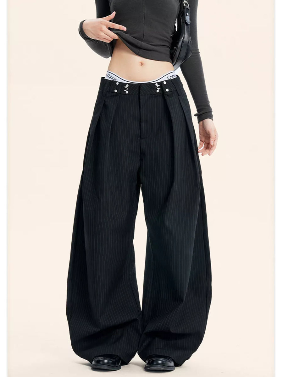 Black wide-leg pants with full-length and button-front | zip-front
