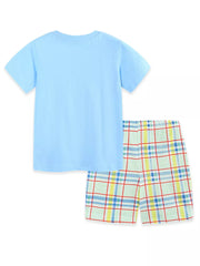 Boys' light blue cotton tee and plaid shorts set
